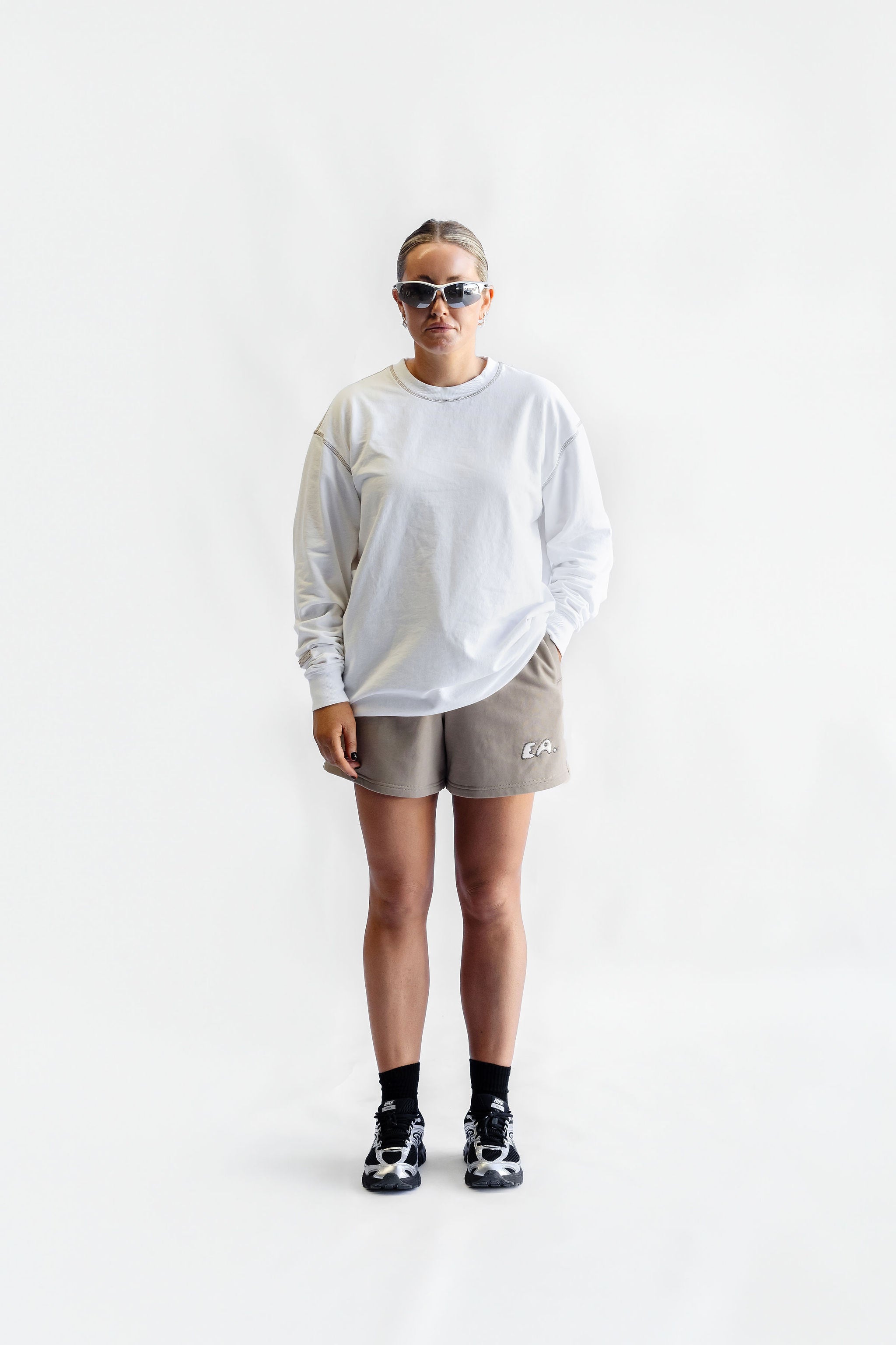 Long Sleeve Cover Stitch Tee - White
