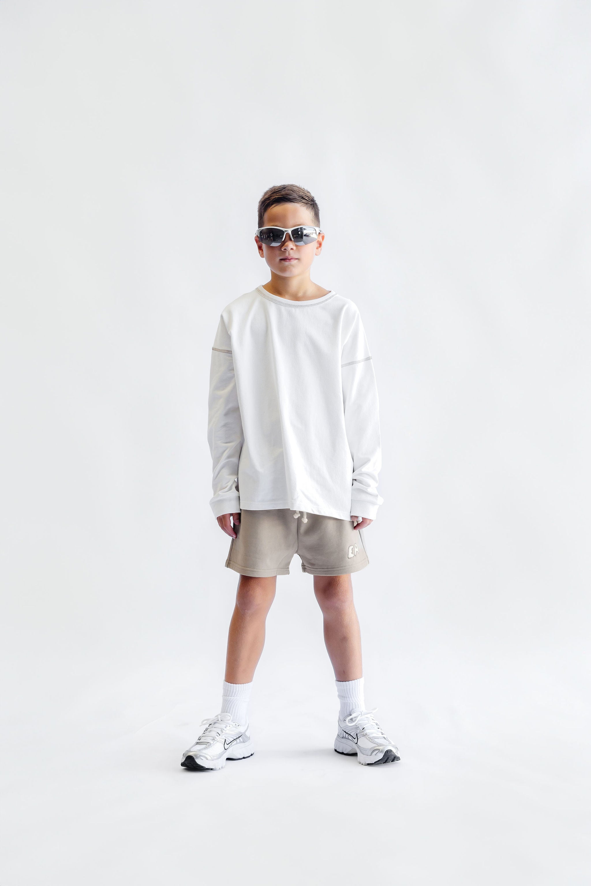 Kids Long Sleeve Cover Stitch Tee - White