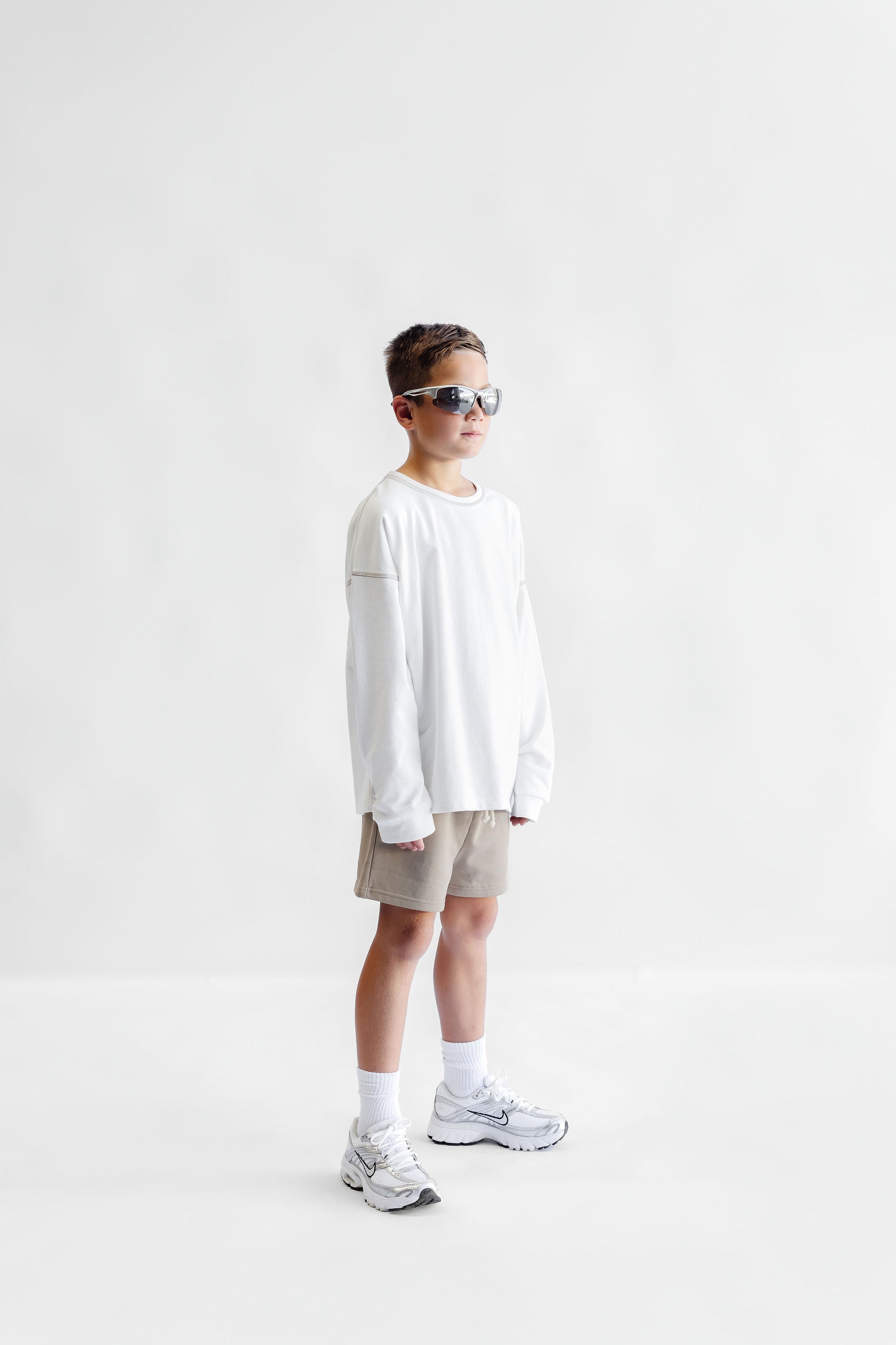 Kids Long Sleeve Cover Stitch Tee - White